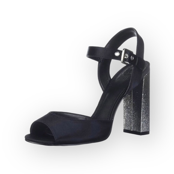 new Guess ☀︎︎ Glitter Heel Ankle Wrap Peep Toe Sandals ☀︎ Shimmery Black ☀︎ 9.5M - Picture 14 of 16